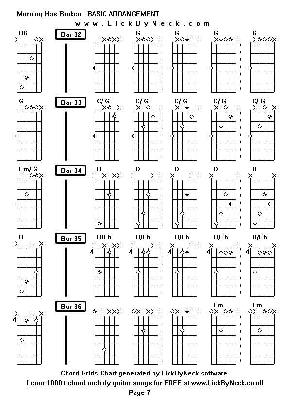 Chord Grids Chart of chord melody fingerstyle guitar song-Morning Has Broken - BASIC ARRANGEMENT,generated by LickByNeck software.